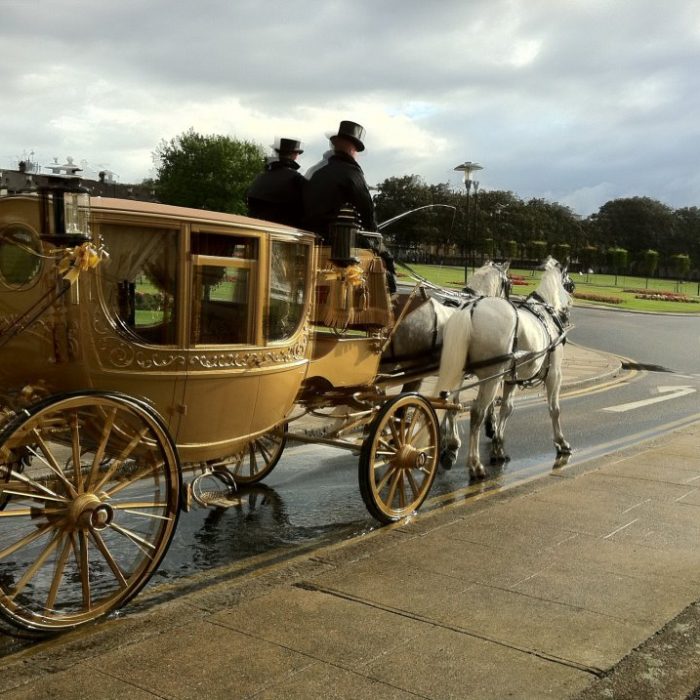 Golden Carriage with 2 white horses for brides entrance image